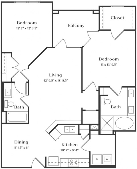 Floor plan for 2 beds, 2 baths, 1160 sqft